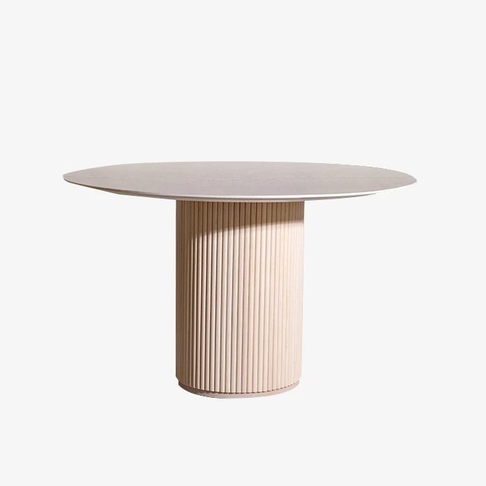 Tavolo da pranzo rotondo moderno con piano in marmo e base in legno per sala da pranzo 1