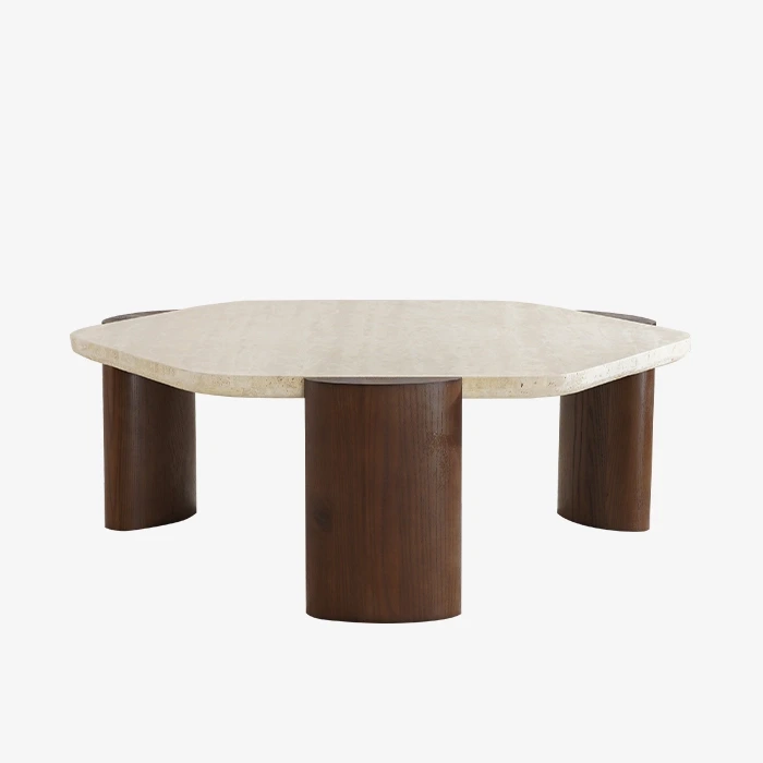 Natural Travertine Coffee Table with Walnut Wood Legs 1