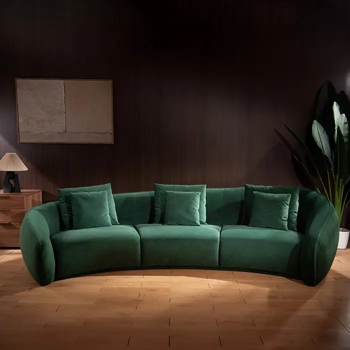 Modern Dark Green Curved Three-seater Velvet Sofa Couch with Pillows for Living Room-1 2
