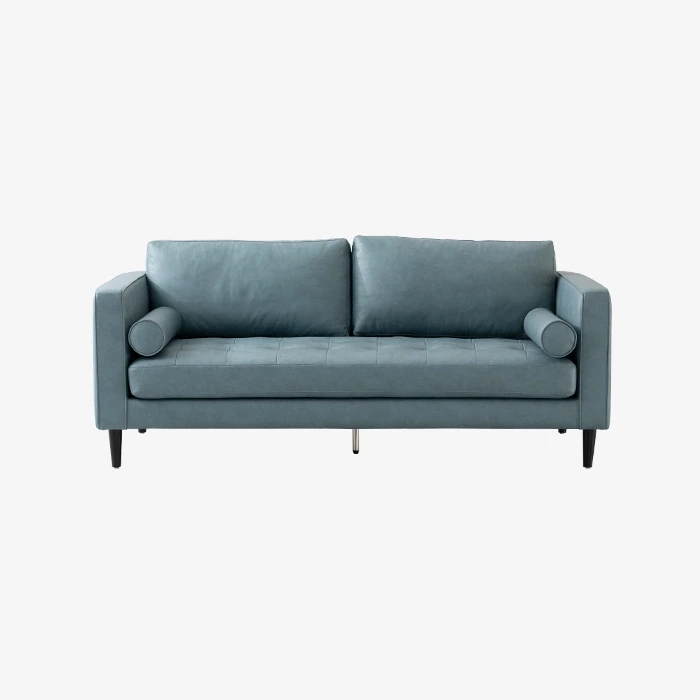 Sofá de couro moderno azul com travesseiros para sala de estar 1