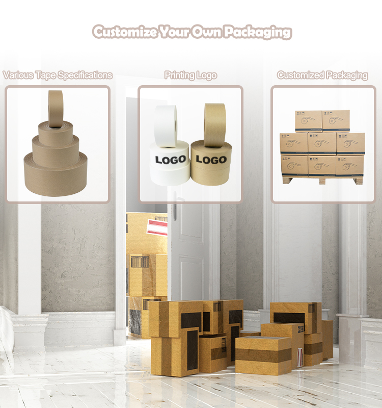 OEM Reinforced Kraft Water Activated Tape Fiberglass Stranded Carton Box Sealing Shipping Tape 8