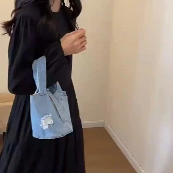 Bolsa de cubo pequeña simple y versátil, Bolsa de teléfono móvil de cambio suelto, bolsa rasgada de mezclilla, bolsa pequeña de moda, bolso 1