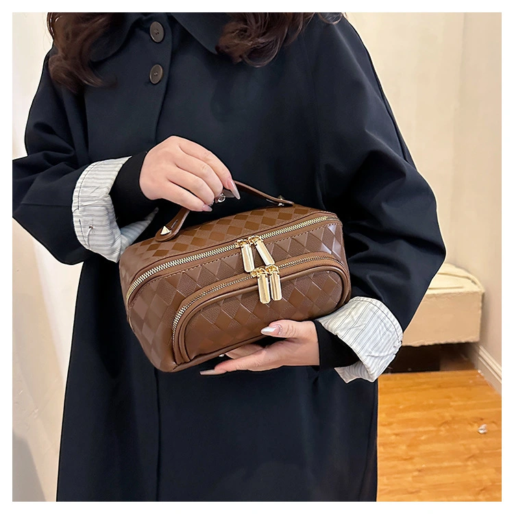 New Large-capacity PU Check-pattern Makeup Bag, Large-opening Multi-pocket Storage Bag, Portable Travel Toiletry Bag 1