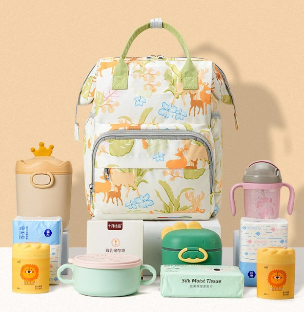 Mutter-Baby-Beutel mit großer Kapazität, multifunktionaler gedruckter Rucksack mit zwei Schultergurten, wasserdichtem Babywickelbeutel 1