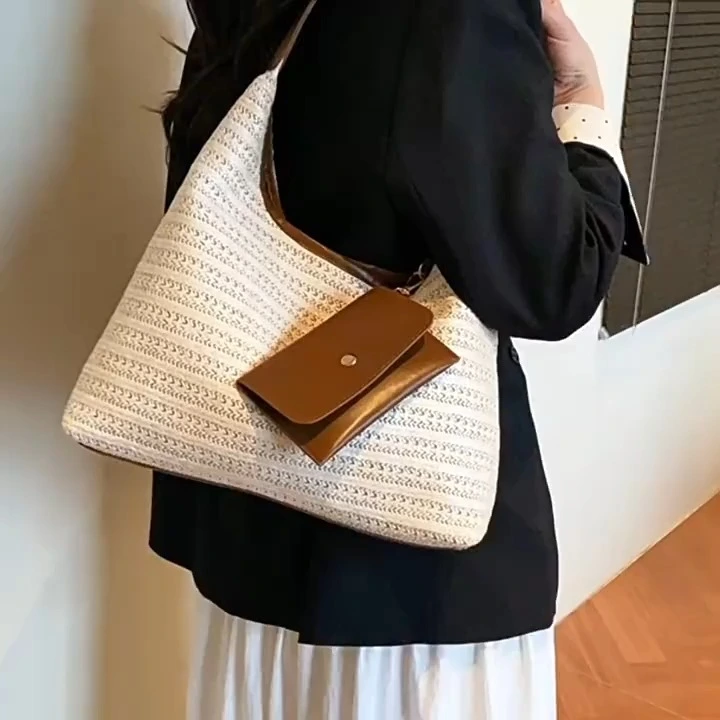Nuova borsa da spiaggia a paglia, tote bag, elegante e versatile, borsetta in stile etnico alla moda 1