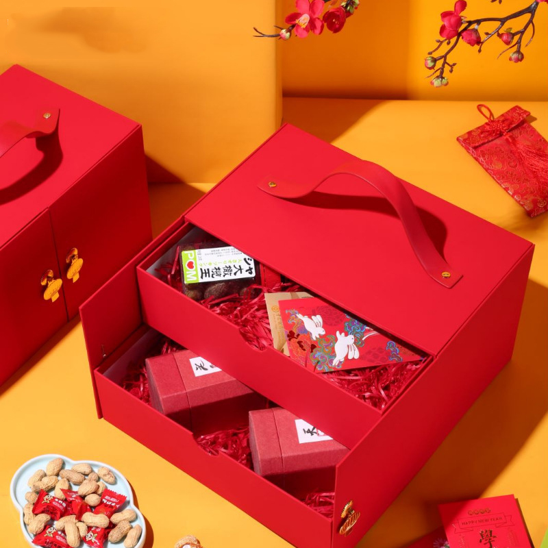 Hong Kong supplier accepts custom red color 2020 portable drawer double door New Year gift box 2