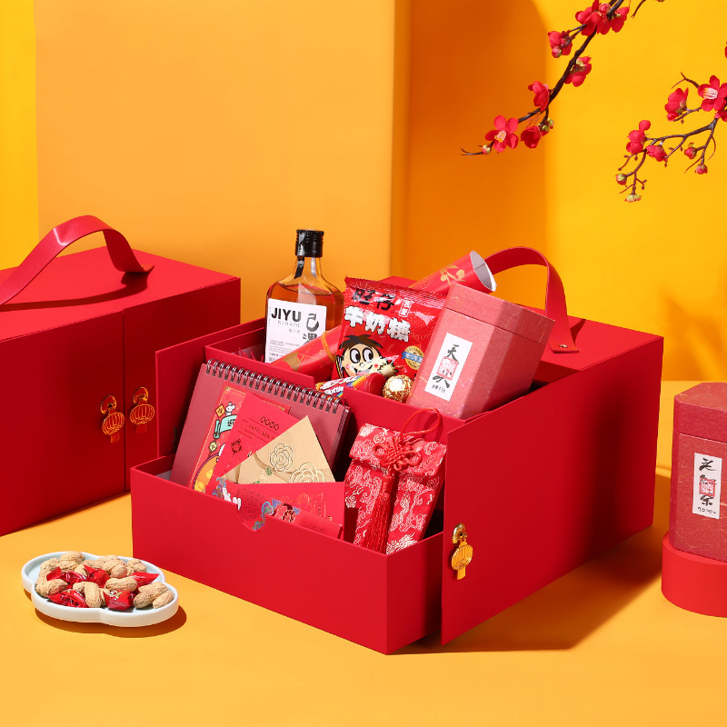 Hong Kong supplier accepts custom red color 2020 portable drawer double door New Year gift box 3