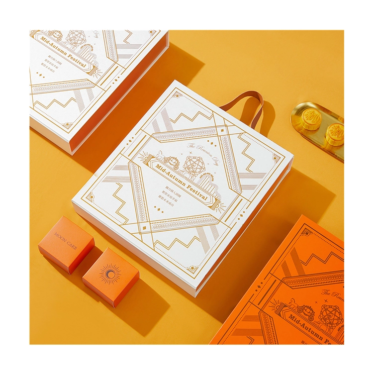 Hong Kong Design Mystery Surprise Modern Luxury  4/6/8 Layers Mid Autumn Festival  Gift Cardboard Paper Handle Moon Cake Box with Logo 1