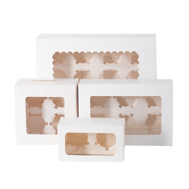 Wholesale White Brown Mini 4 Pack Party Sweet Swiss Roll Acrylic Bouquet Food Cardboard Paper Cupcake Boxes Packaging with Clear Lid 1