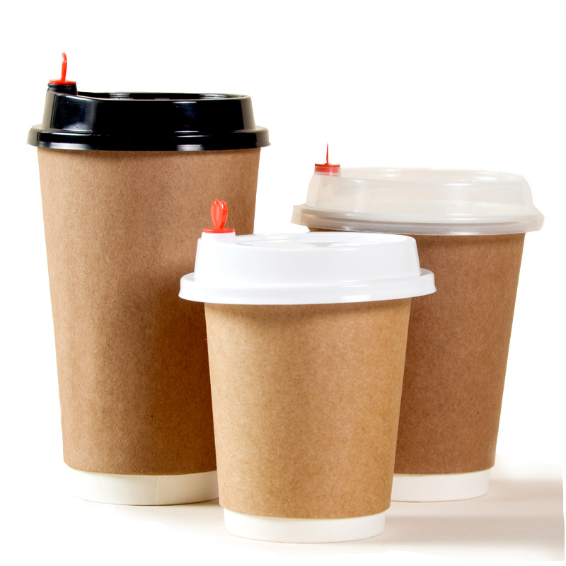Customized Wholesale Printing Disposable Double Wall 8oz 12oz 16oz brown hot coffee drink PE coating paper cup with lid 3