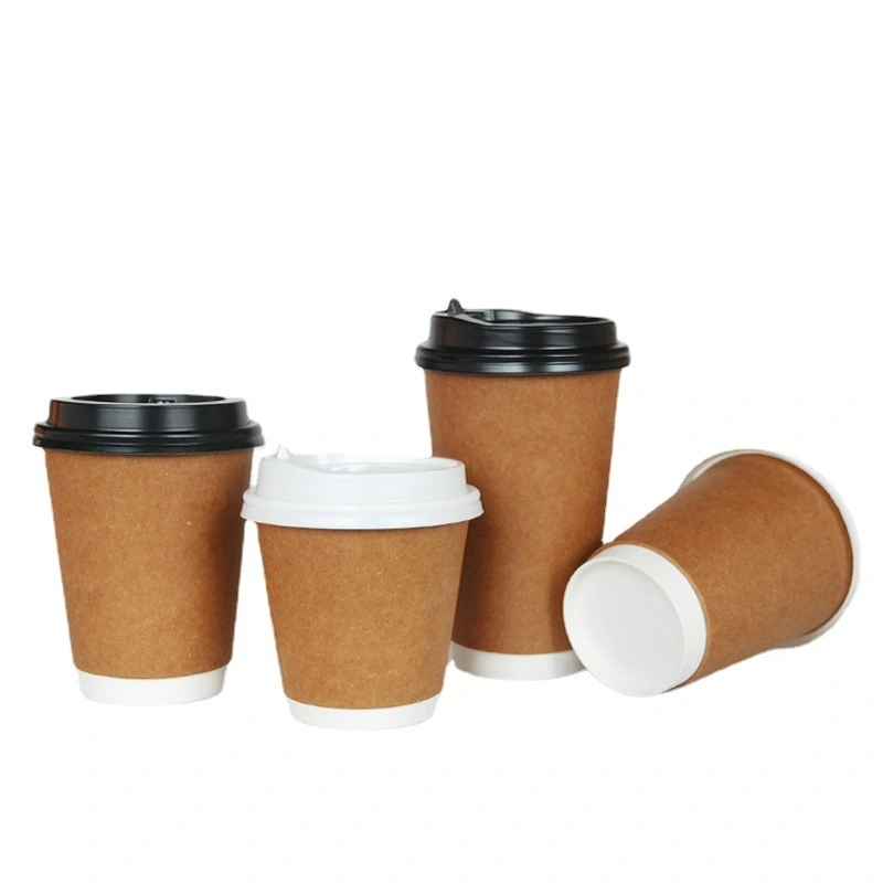 Customized Wholesale Printing Disposable Double Wall 8oz 12oz 16oz brown hot coffee drink PE coating paper cup with lid 1
