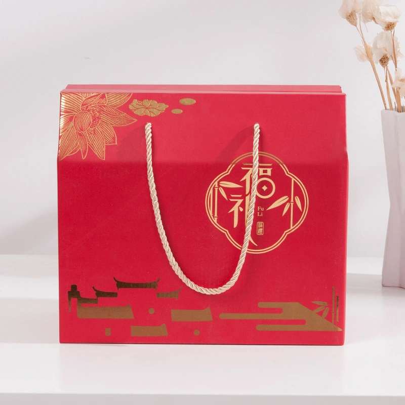 Custom wholesale cardboard red nut wine tea paper packaging printing Happy New Year gift box with logo 1