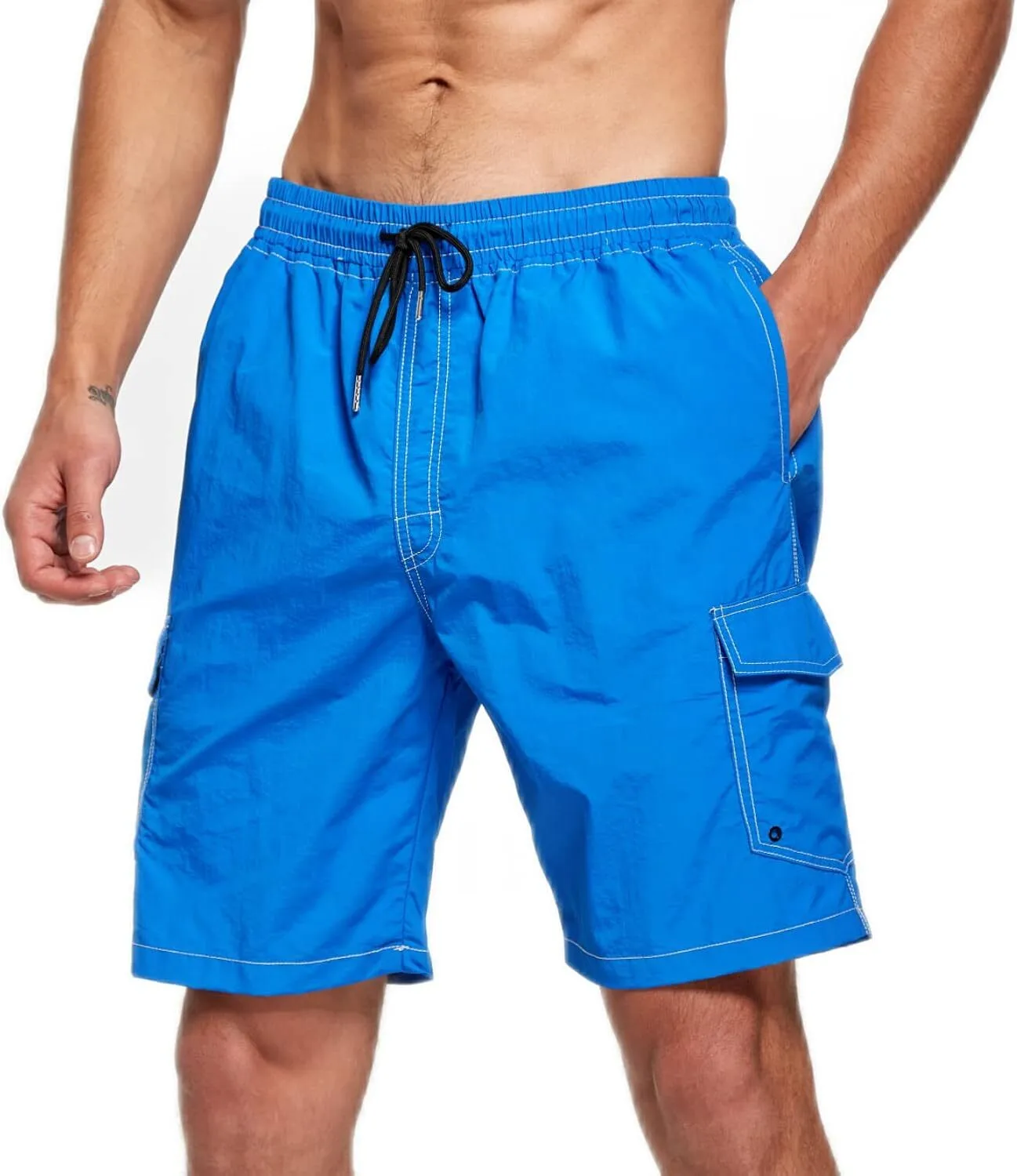 Custom Men's Utility Style Bright Blue Multi-Pocket Swim Trunks MSS-02 1