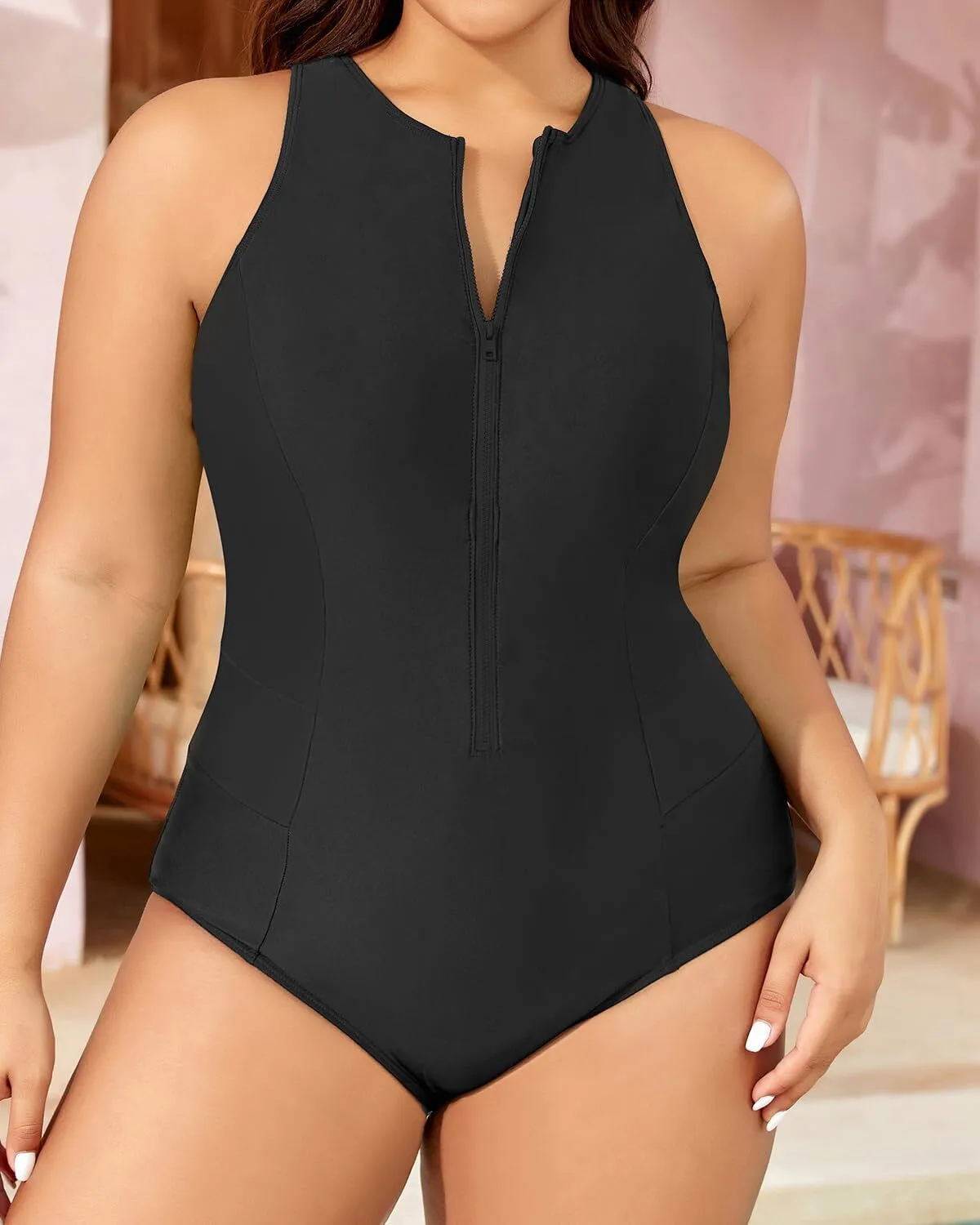 Custom Women's Black Sport Zipper Design One-Piece Swimsuit WA-02 1