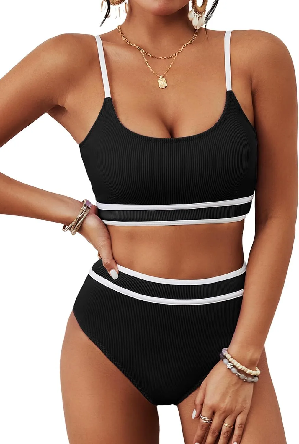 Conjunto de trajes de baño de cintura alta de rayas negras de mujer personalizadas03 1