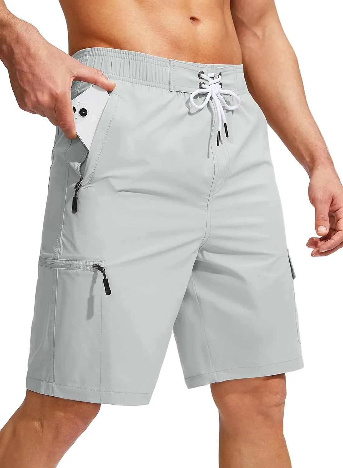 Trunks de baignade multi-poche gris clair des hommes personnalisés MSS-04 1