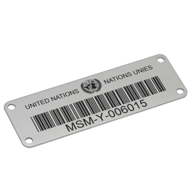 Etiqueta adhesiva de código de barras QR de metal de aluminio grabada con láser con número de serie 1