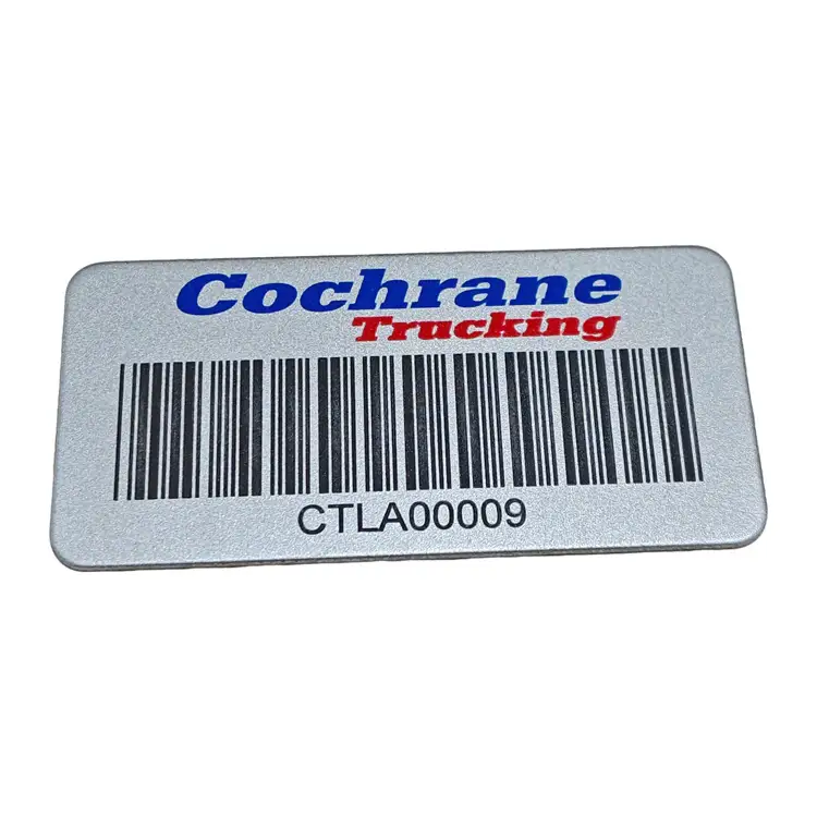 Etiquetas de código de barras de aluminio de alta escaneabilidad, personalizadas, en negro sobre plata 1