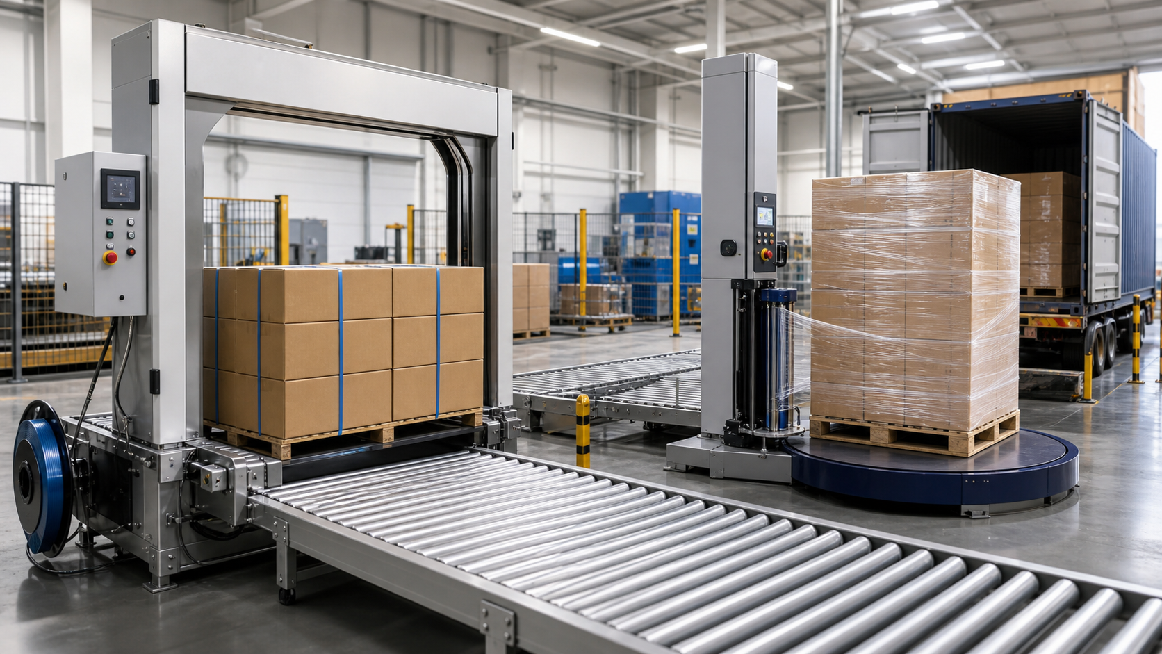 Strapping and Wrapping Machines for Export Pallet Stability