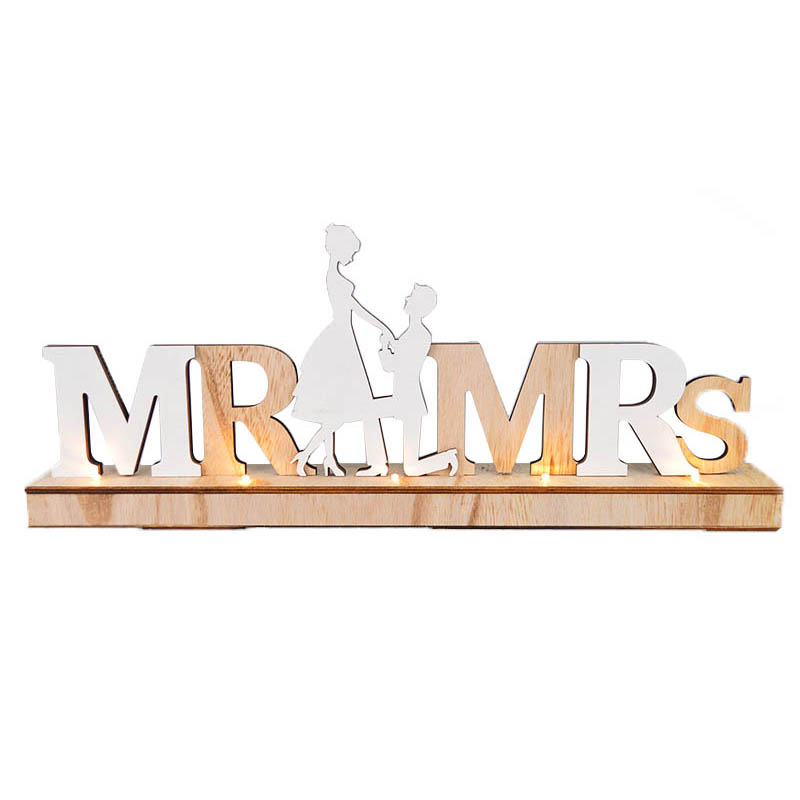 Letrero de boda iluminado de madera rústica para Sr. y Sra., decoración de mesa 1