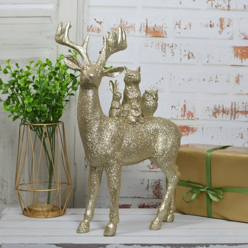 Champagne Polyresin Stands Deer Statue Christmas Ornaments 1