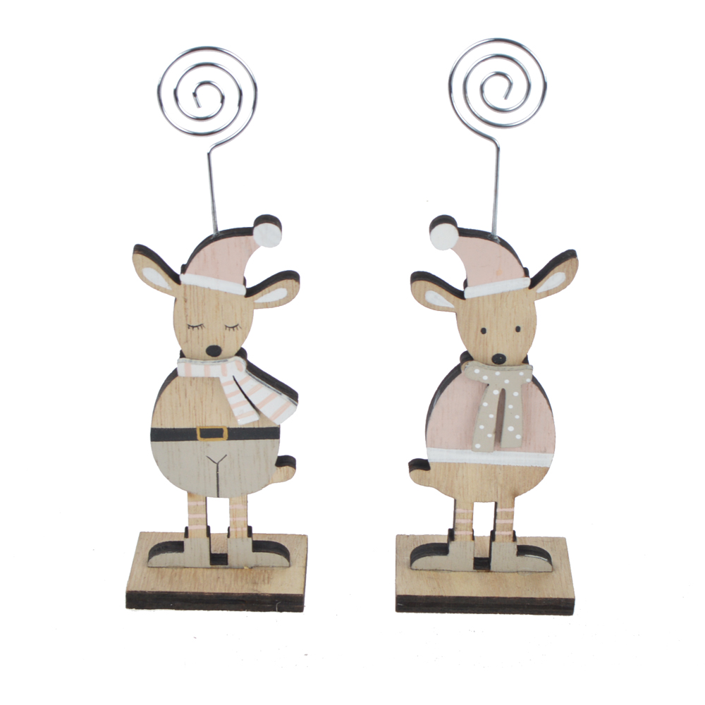 Weihnachts-Tischkartenhalter in Hirschform, bedruckt, aus Holz, Tischnummern-Menüpapier, Menü-Notiz-Clips, Halter für Feiertage 2
