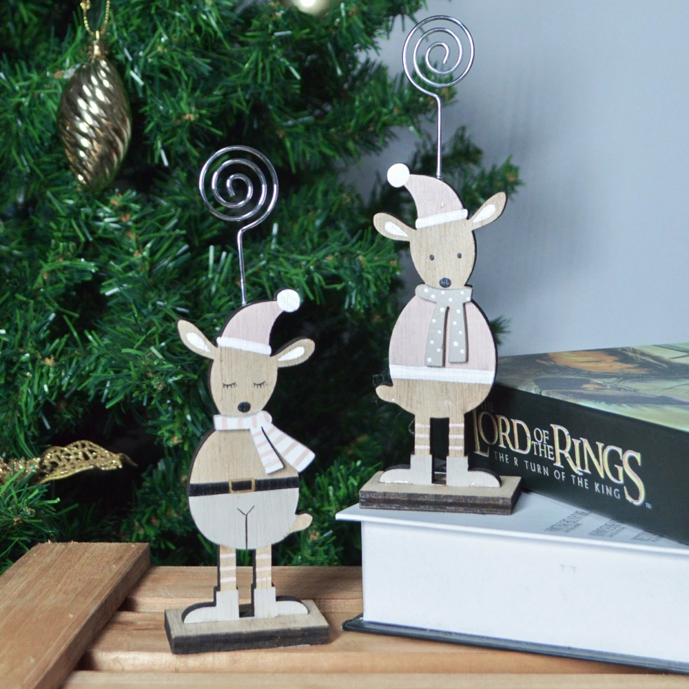 Weihnachts-Tischkartenhalter in Hirschform, bedruckt, aus Holz, Tischnummern-Menüpapier, Menü-Notiz-Clips, Halter für Feiertage 1