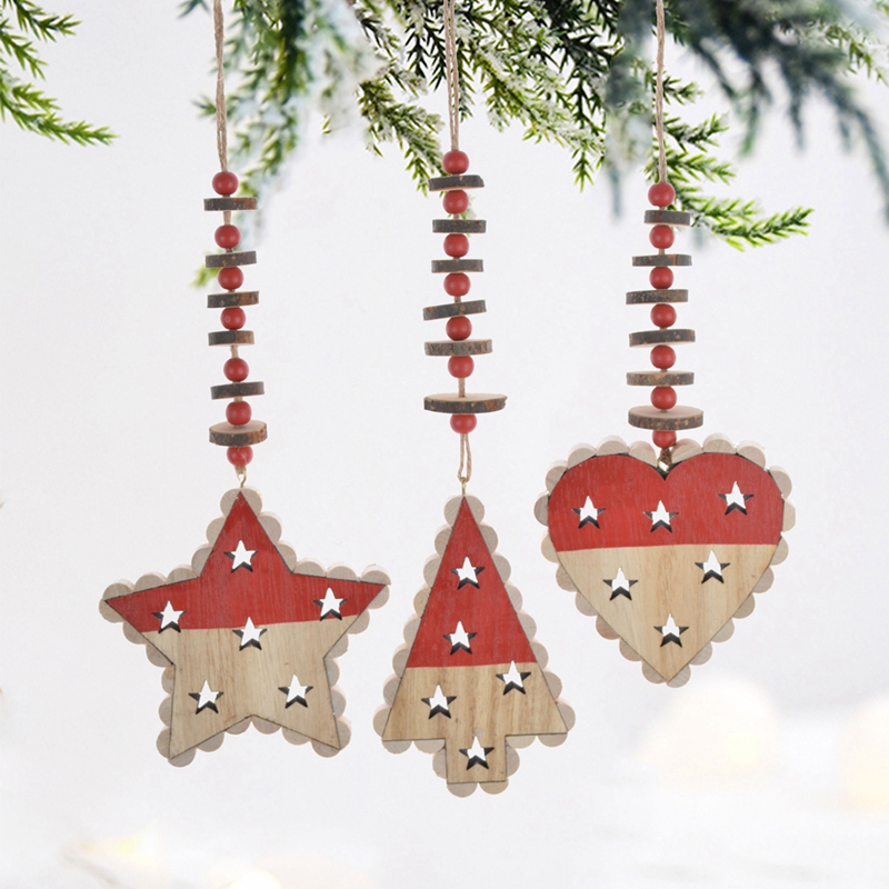 Wooden christmas heart star tree hanging with beads 2