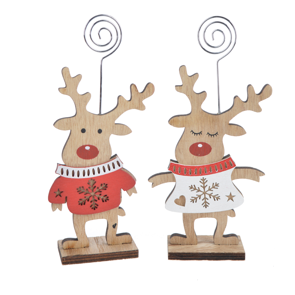 Portatarjetas de madera navideño con forma de ciervo para notas y mensajes 1