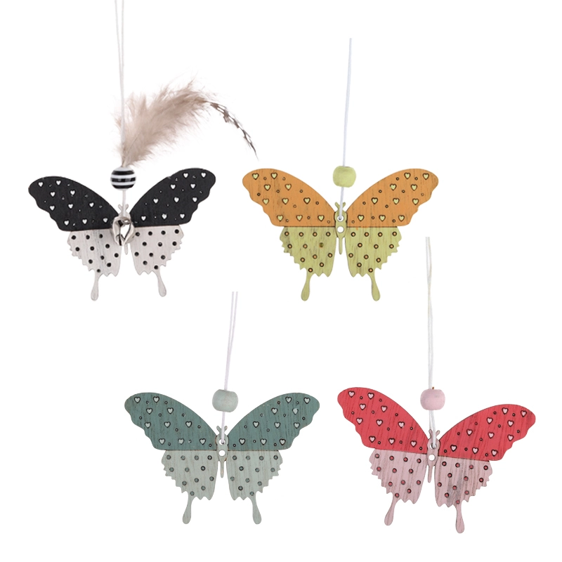 Adorno colgante de mariposa de Pascua de madera con campanas y plumas para fiesta 1