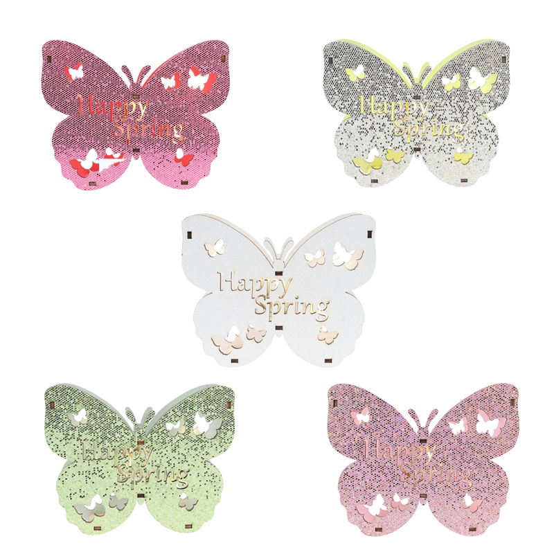 High quality Happy Spring Led Easter wooden decoration butterfly shape with applique sequin 1