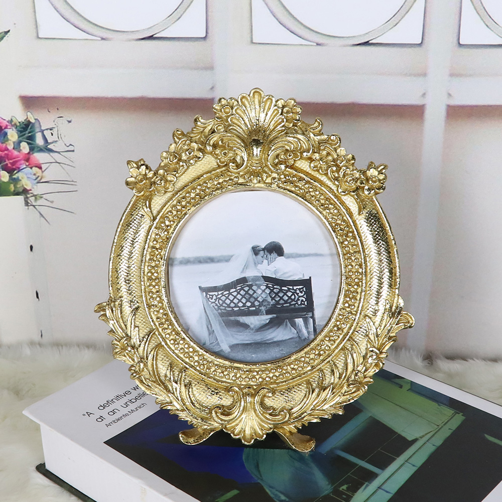 Marco de fotos con borde de flores doradas retro al por mayor, decoraciones de boda, arte decorativo, marco de escritorio dorado para decoración del hogar 4