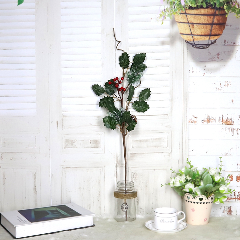 Palitos navideños de acebo, bayas rojas, decoración festiva para fiestas, piñas artificiales, ramas de pino, flores falsas 3