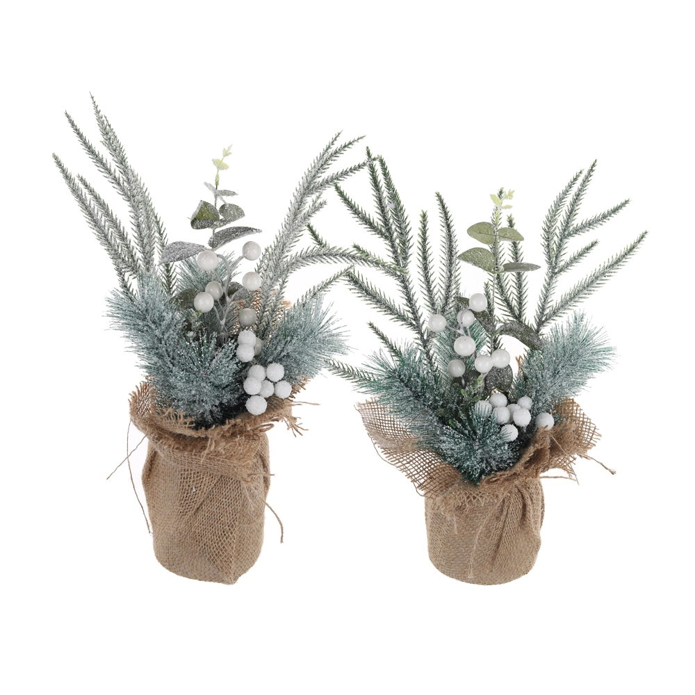 Mini árbol de Navidad de mesa con base de arpillera y piñas. Proveedores de árboles de Navidad. 1
