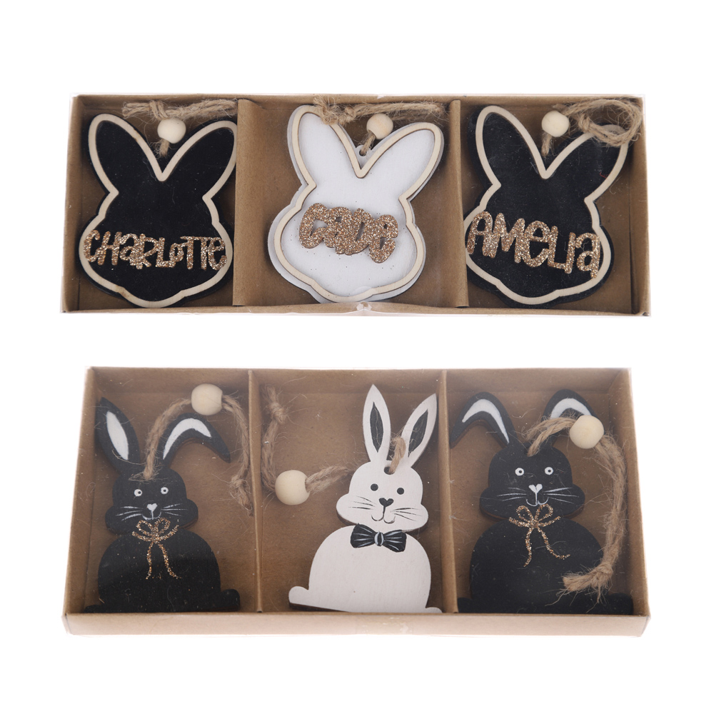 Conjunto de 3 piezas de adornos colgantes de conejo de Pascua de colores personalizados, colgantes de árbol de madera para colgar. 1