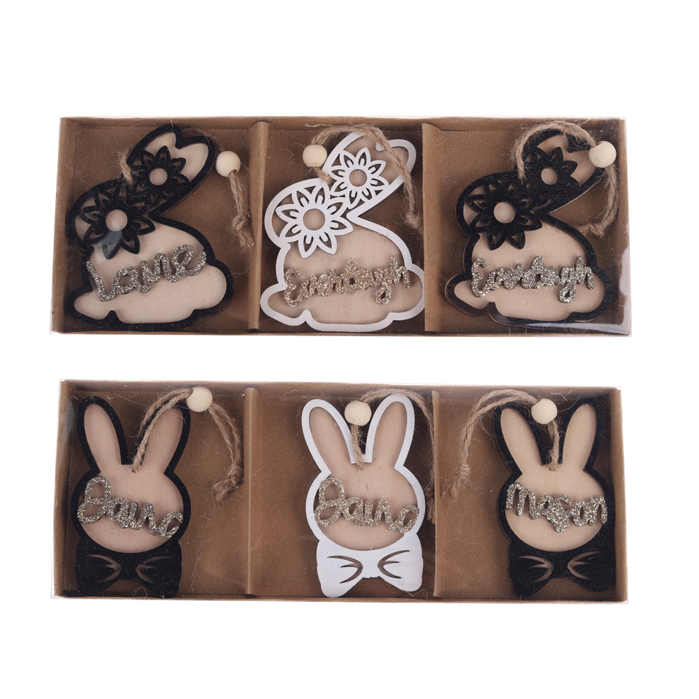 Conjunto de 3 piezas de adornos colgantes de conejo de Pascua de colores personalizados, colgantes de árbol de madera para colgar. 4