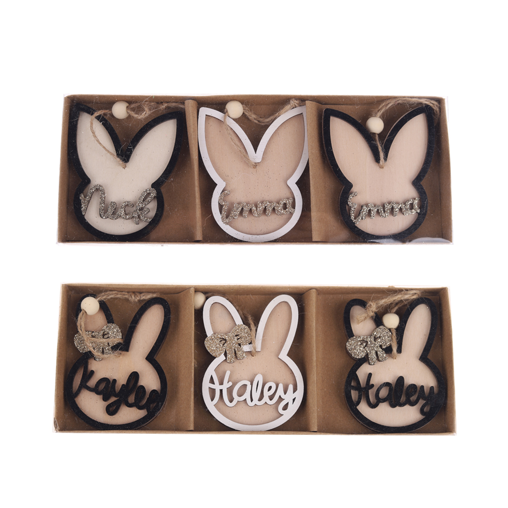 Conjunto de 3 piezas de adornos colgantes de conejo de Pascua de colores personalizados, colgantes de árbol de madera para colgar. 5