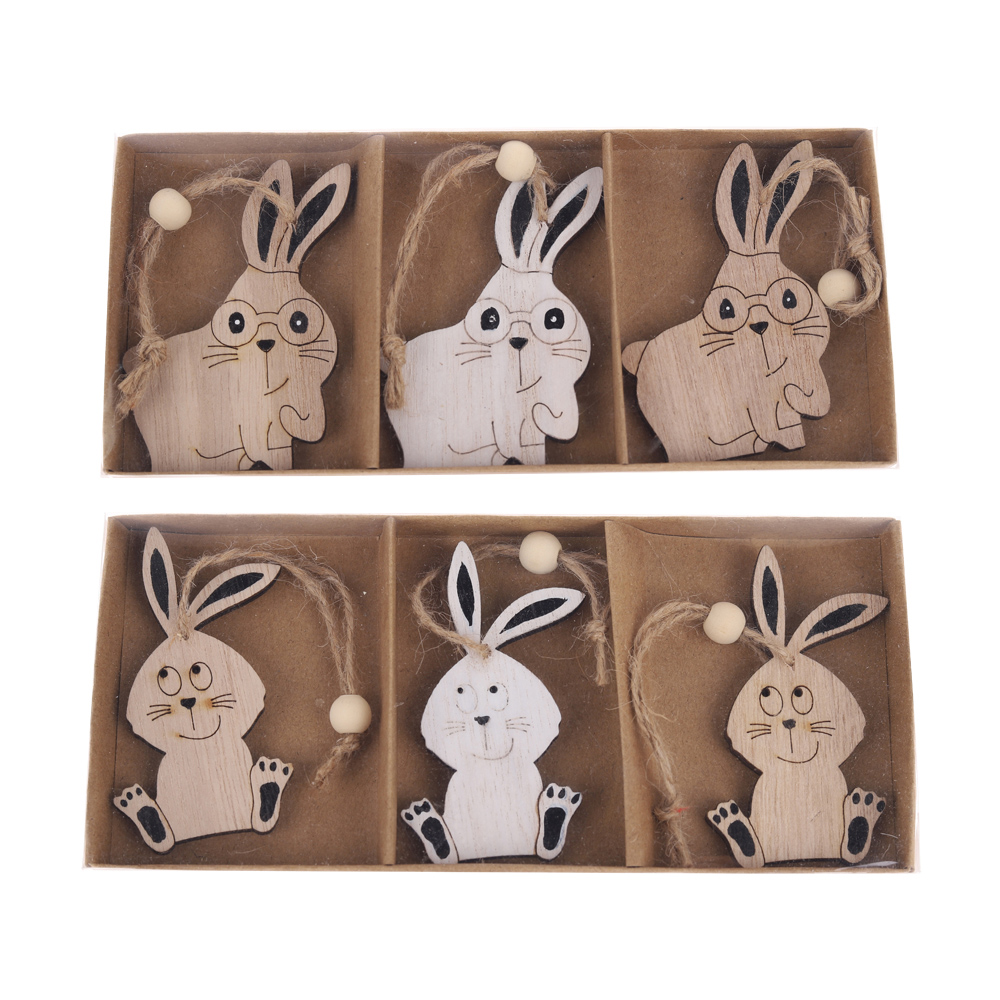 Conjunto de 3 piezas de adornos colgantes de conejo de Pascua de colores personalizados, colgantes de árbol de madera para colgar. 7