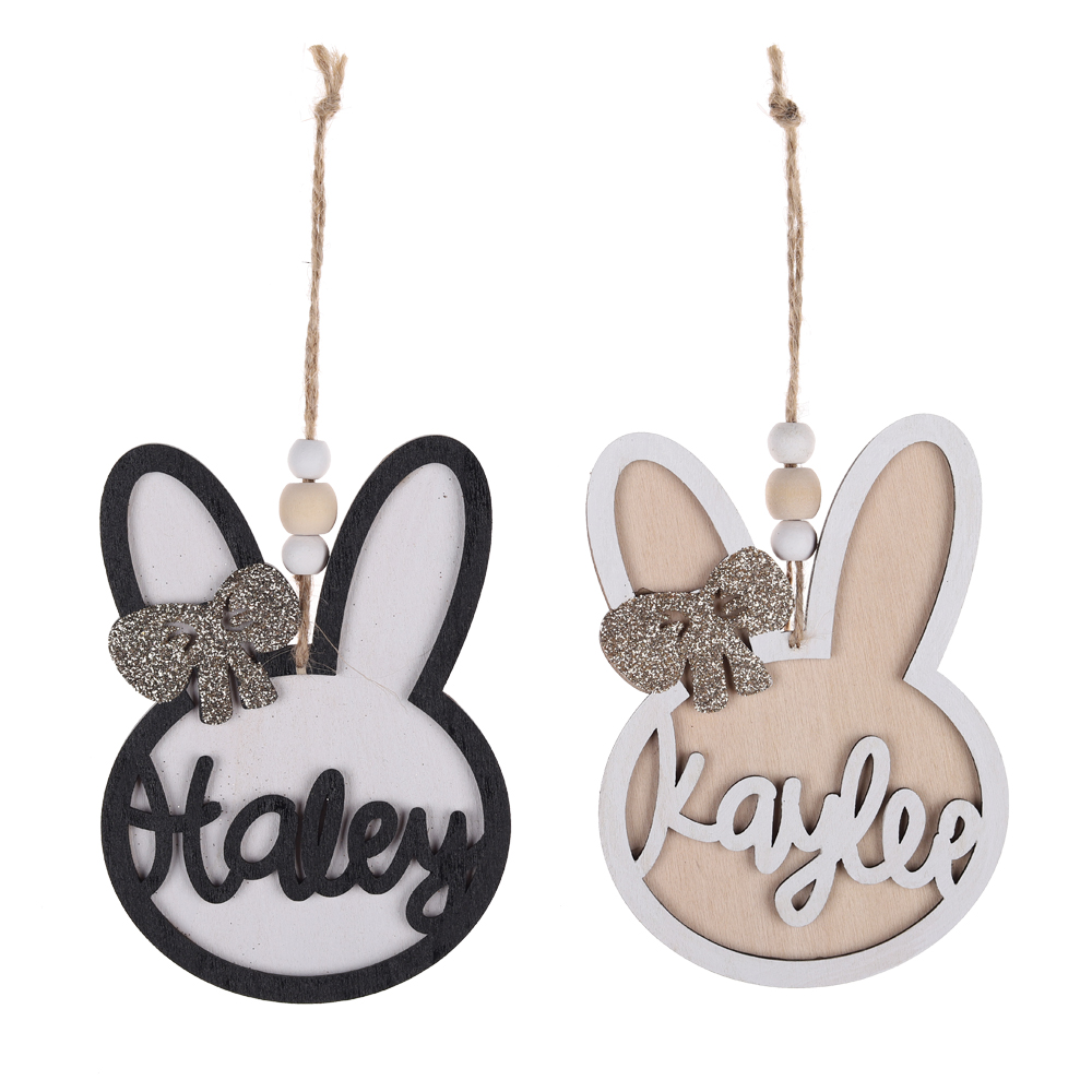 Conjunto de 3 piezas de adornos colgantes de conejo de Pascua de colores personalizados, colgantes de árbol de madera para colgar. 9