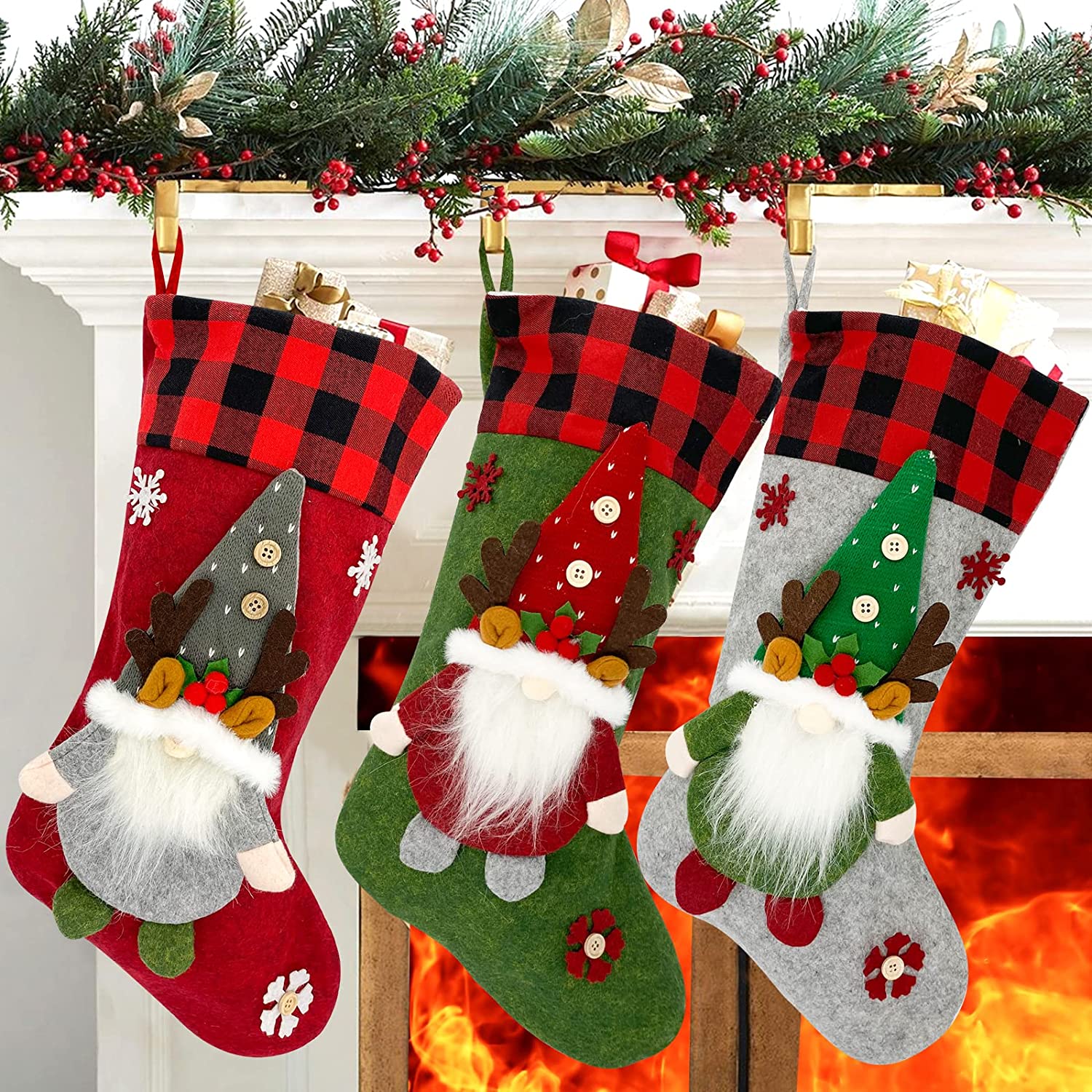 Medias navideñas grandes con temática de Papá Noel, muñeco de nieve y reno para decoración de fiestas familiares 1