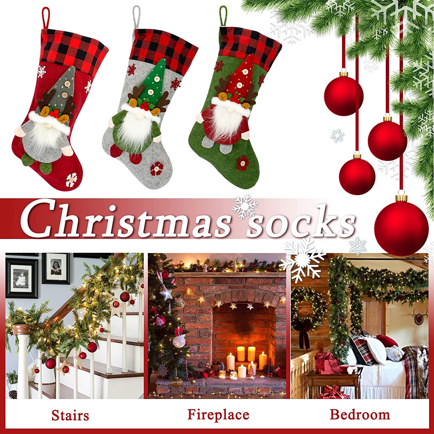 Medias navideñas grandes con temática de Papá Noel, muñeco de nieve y reno para decoración de fiestas familiares 4