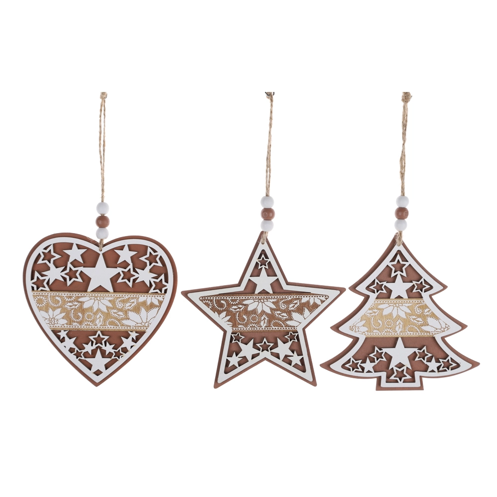 Adorno navideño vintage tradicional para decoración de interiores, árbol de Navidad, colgante de madera con forma de corazón y estrella. 1
