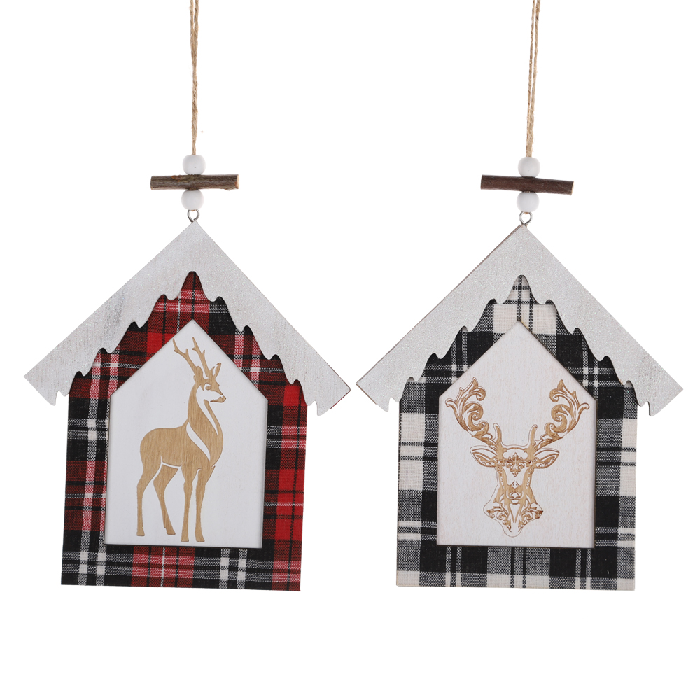 Weihnachten Holz Scheiben Schwarz Buffalo Plaid Rentier Weihnachten Baum Haus Dekorationen Hängen 1