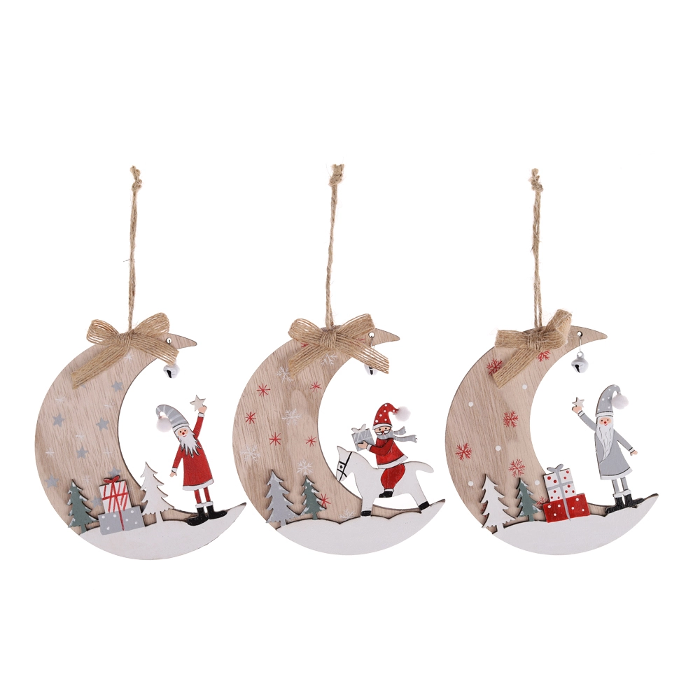 Wholesale Santa Claus Sitting On The Moon Window Wall Hanging Ornament Christmas Tree Wood Rendant 1