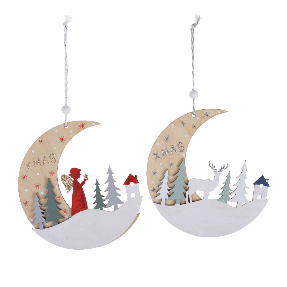 Großhandel Weihnachtsmann Sitzt Auf Dem Mond Fenster Wandbehang Ornament Weihnachtsbaum Holz Rendant 2