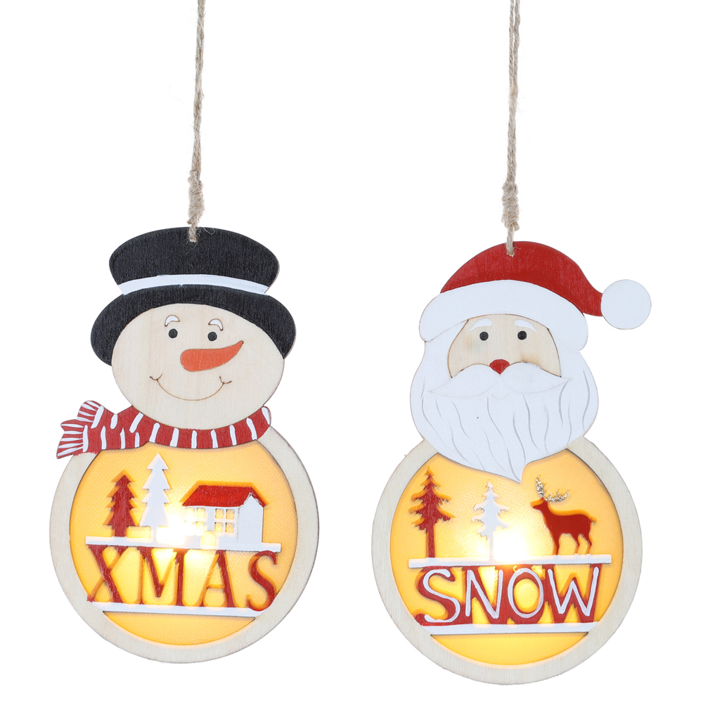 Adornos colgantes de Papá Noel navideños con luces LED, figuras de muñeco de nieve de madera para colgar en Navidad. 1
