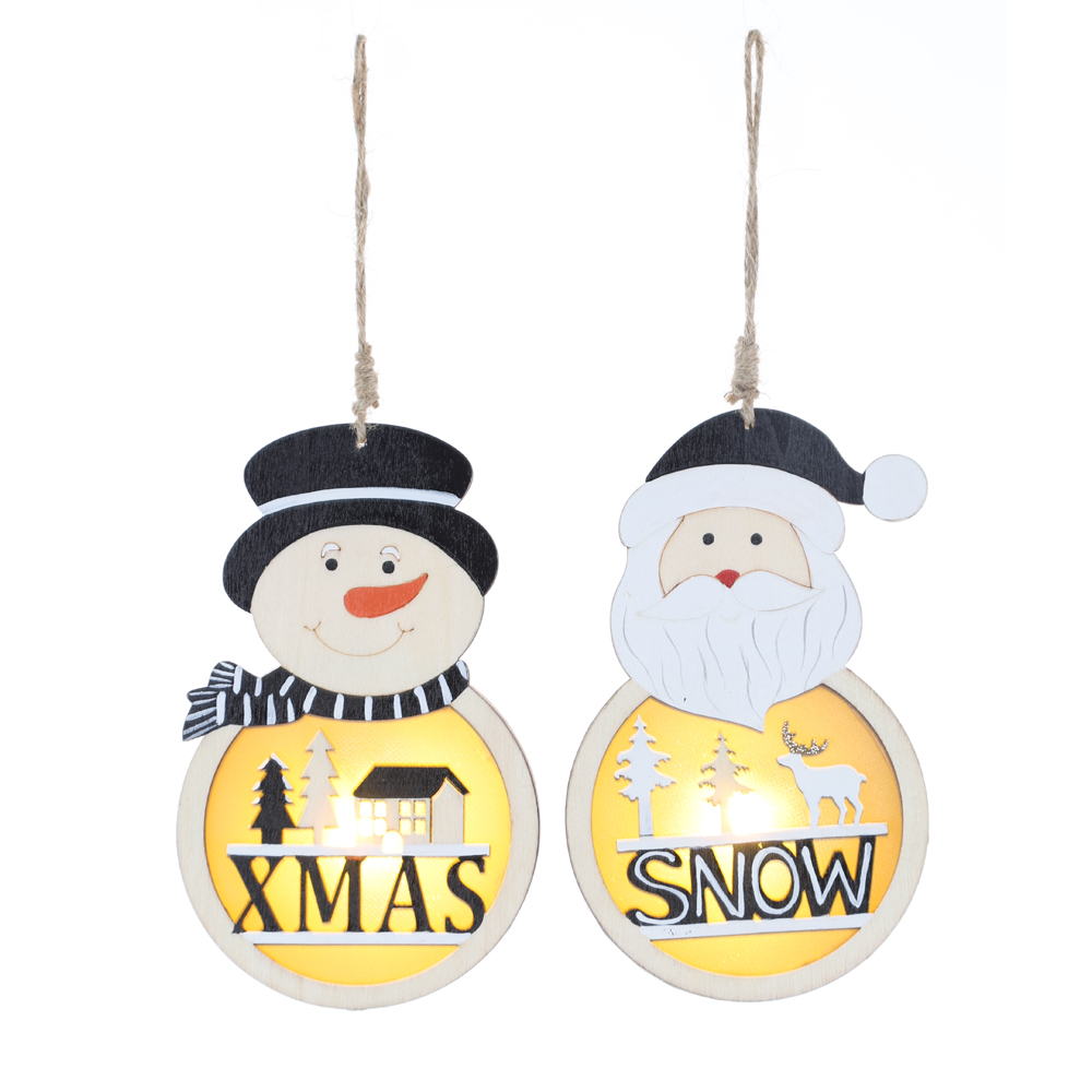 Adornos colgantes de Papá Noel navideños con luces LED, figuras de muñeco de nieve de madera para colgar en Navidad. 2
