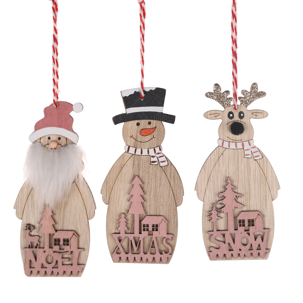 Adornos colgantes de Papá Noel navideños con luces LED, figuras de muñeco de nieve de madera para colgar en Navidad. 7