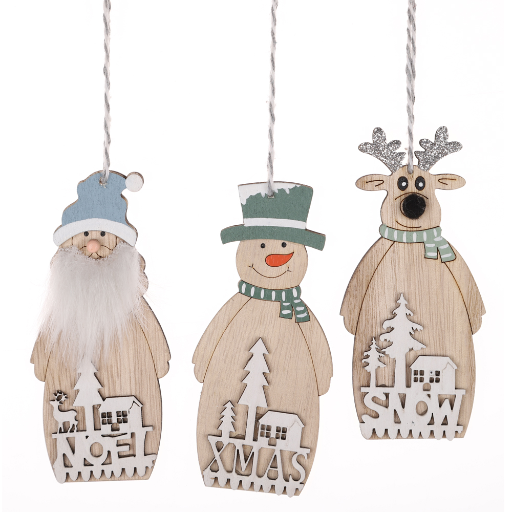 Adornos colgantes de Papá Noel navideños con luces LED, figuras de muñeco de nieve de madera para colgar en Navidad. 6