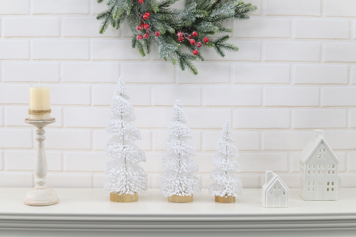 Mesa de vacaciones para el invierno, manualidades, nieve, pinos en miniatura, árboles de sisal artificiales esmerilados 6
